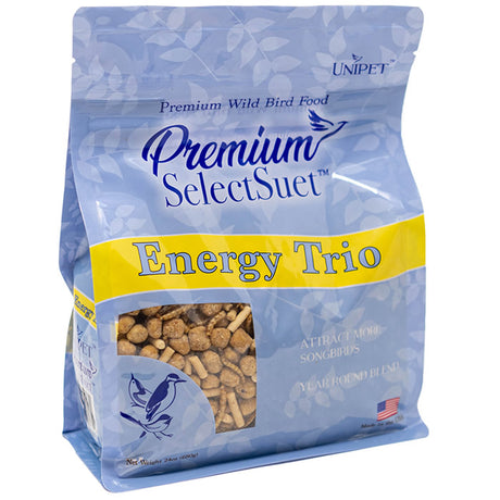 Premium Select Suet Energy Trio, 24 oz. bag of protein snacks for birds, featuring peanut bites, dried mealworms, and herb suet pellets with resealable packaging.