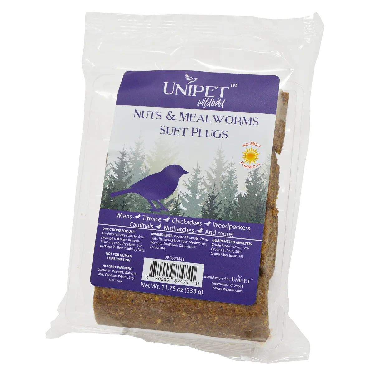 Nuts & Mealworms No-Melt Suet, Set of 12 Plugs; features suet blocks with nuts and mealworms for wild birds, in three 11.75 oz packages.
