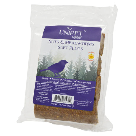 Nuts & Mealworms No-Melt Suet, Set of 12 Plugs; features suet blocks with nuts and mealworms for wild birds, in three 11.75 oz packages.