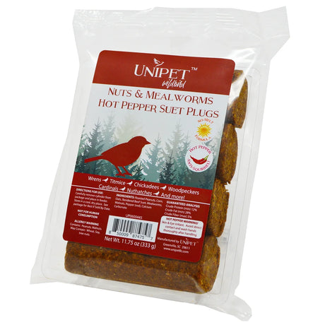 Nuts & Mealworms Hot Pepper No-Melt Suet, Set of 12 Plugs, displayed in a clamshell package, featuring suet blocks with nuts, mealworms, and hot pepper.