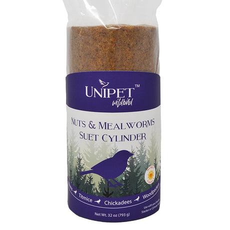 Nuts & Mealworms No-Melt Suet Cylinder, Set of 3, shown in packaging, ideal for attracting suet-eating birds with nuts and mealworms.