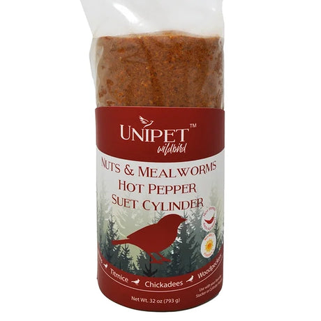 Nuts & Mealworms No-Melt Hot Pepper Suet Cylinder, Set of 3, packaged for feeding backyard birds, featuring nuts, mealworms, and hot-pepper to deter squirrels.