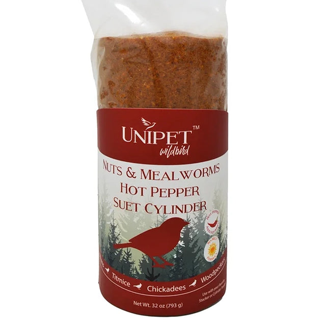 Nuts & Mealworms No-Melt Hot Pepper Suet Cylinder, Set of 3, packaged for feeding backyard birds, featuring nuts, mealworms, and hot-pepper to deter squirrels.