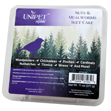 Nuts & Mealworms Suet, 12 Cakes: Packaged suet block with beef suet, peanuts, mealworms, walnuts; attracts woodpeckers, chickadees, nuthatches; 11 oz each; allergen warning for peanuts, tree nuts.