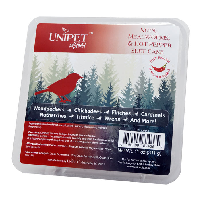 Nuts & Mealworms Hot Pepper Suet, 12 Cakes, featuring a package with mealworms and nuts, designed to attract birds and discourage squirrels.