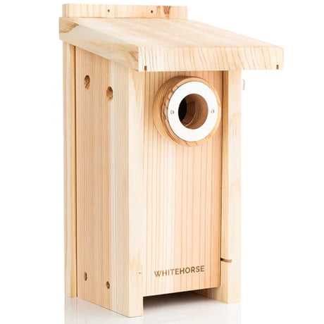 Wooden birdhouse with 'Whitehorse' branding on a white background