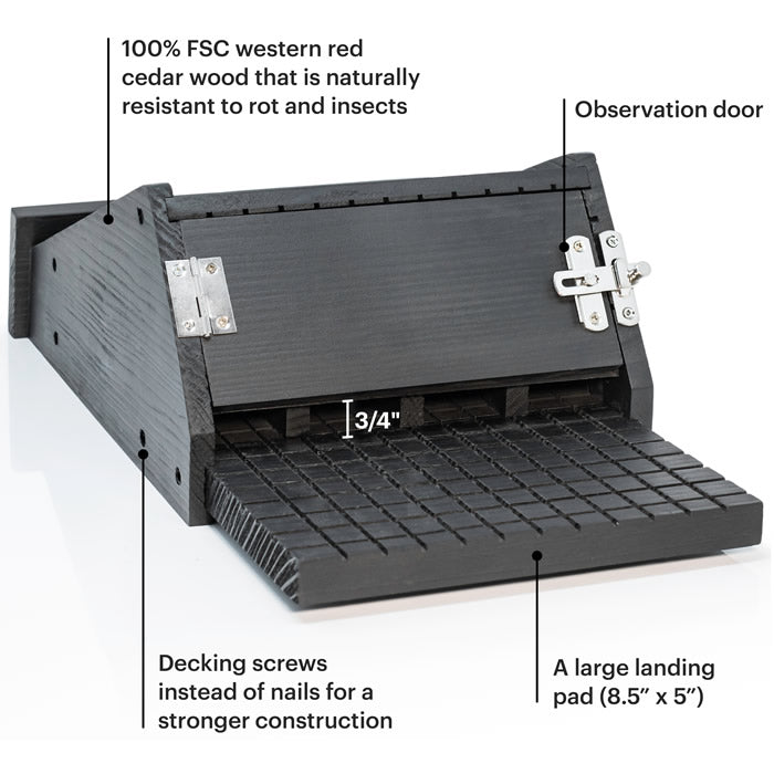 Black Bat House 4 Chambers with white text, features a metal latch and large landing pad with climbing grooves, crafted from durable western cedar.