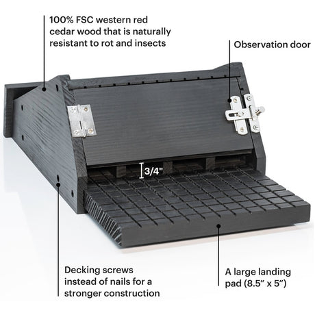 Black Bat House 4 Chambers with white text, features a metal latch and large landing pad with climbing grooves, crafted from durable western cedar.