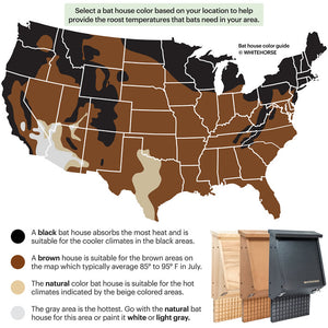 Bat House 4 Chambers, 3 Colors to Choose, shown with a map of the USA highlighting regions for optimal color selection.