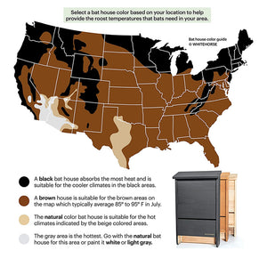 Bat House 3 Chambers, 3 Colors to Choose, shown with a map of the United States for regional color guidance. Features durable cedar construction and bat-friendly design.