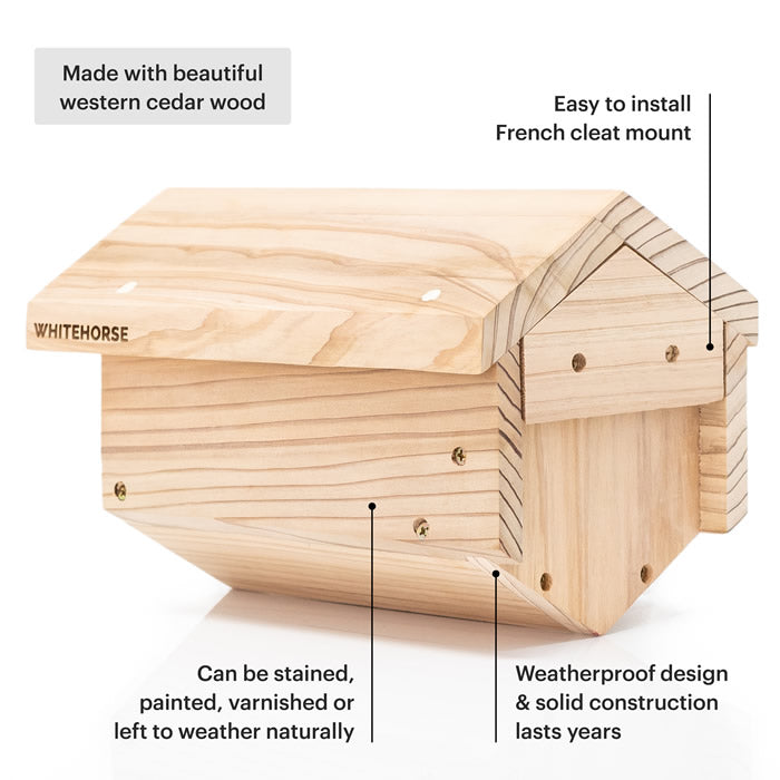 Bee House with bamboo tubes, wooden construction, and protective overhang. Designed to support bee populations, includes mounting cleat, screws, and installation guide.