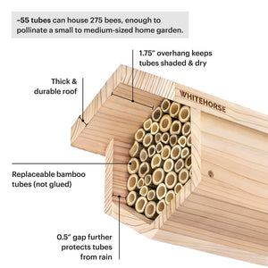 Bee House with bamboo tubes inside a wooden box, designed to support local bee populations and protect from weather, featuring 55 tubes for pollination.