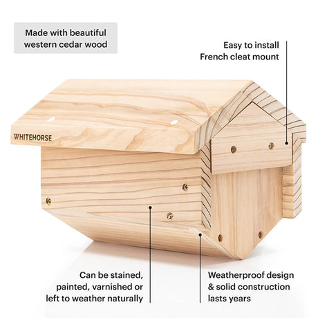 Wooden bee house with paper tubes, featuring a large roof overhang and dado joint construction, includes mounting cleat, screws, and installation guide.