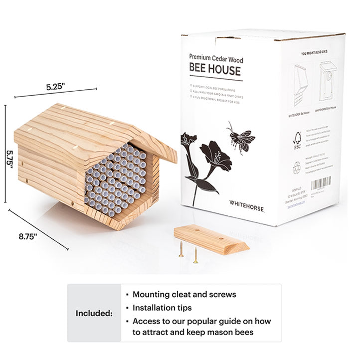 Bee House with Paper Tubes, featuring wooden construction, a large roof overhang, and included screws, designed to support local bee populations and garden pollination.