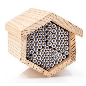 Bee House with paper tubes, hexagon-shaped wooden design, supports local bee populations with 75 tubes, includes mounting cleat, screws, and guide for mason bees.