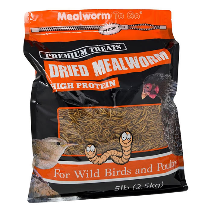 Dried Mealworm To Go, 5 lb. bag; a bag of dried mealworms ideal for bird feeding, featuring high-protein benefits, resealable for easy storage.