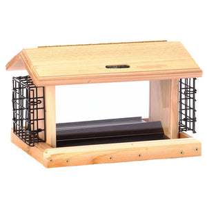 Birds Choice 5 Qt. 2-Sided Hopper with Suet, featuring a wooden frame, metal bars, two suet cages, and a removable seed tray.