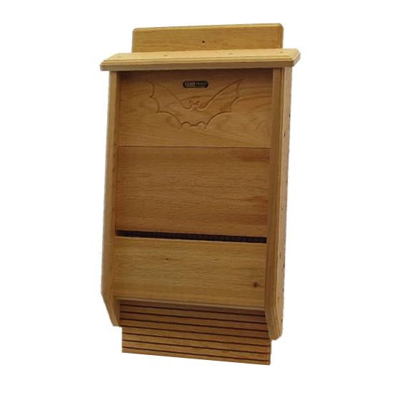 Natural Cedar Bat House with carved bat silhouette, made of natural cedar, featuring a built-in landing area and weather-resistant screws. Measures 29 x 18 x 5 inches.