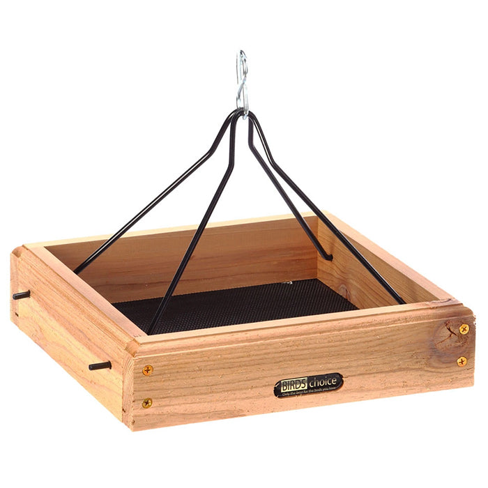 Cedar Hanging Tray, Small: A wooden box with a hook and perforated steel tray, designed for bird feeding.