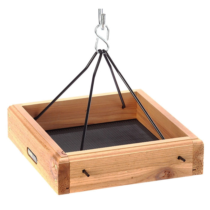 Cedar Hanging Tray, Small: wooden box with steel rod hangers and metal mesh tray for bird feeding.