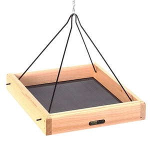 Cedar Hanging Platform Bird Feeder, Large: A wooden square feeder with a metal mesh tray, hanging by a steel rod, designed to attract various bird species.