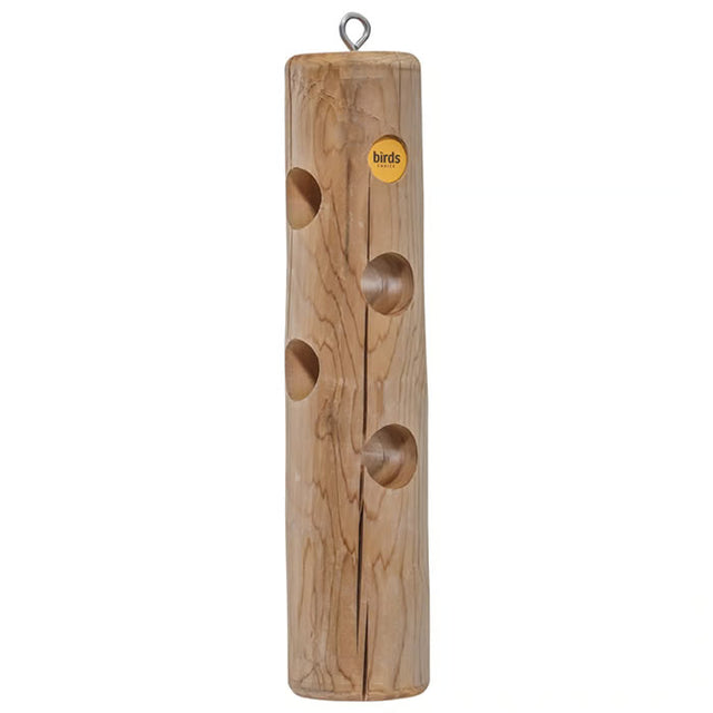 Cedar Suet Log Feeder with multiple holes for suet logs, designed from a single cedar wood piece, ideal for attracting woodpeckers with built-in tail prop.