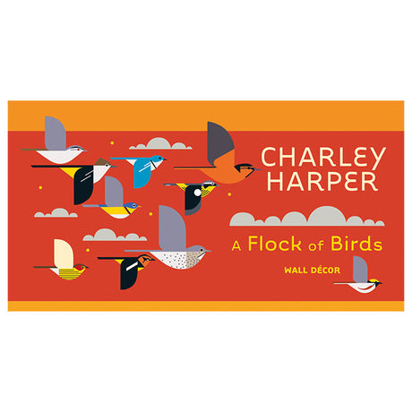 Charley Harper A Flock of Birds Wall Décor featuring 26 bird stickers in various sizes, customizable for any smooth surface, includes clouds, stars, and more.