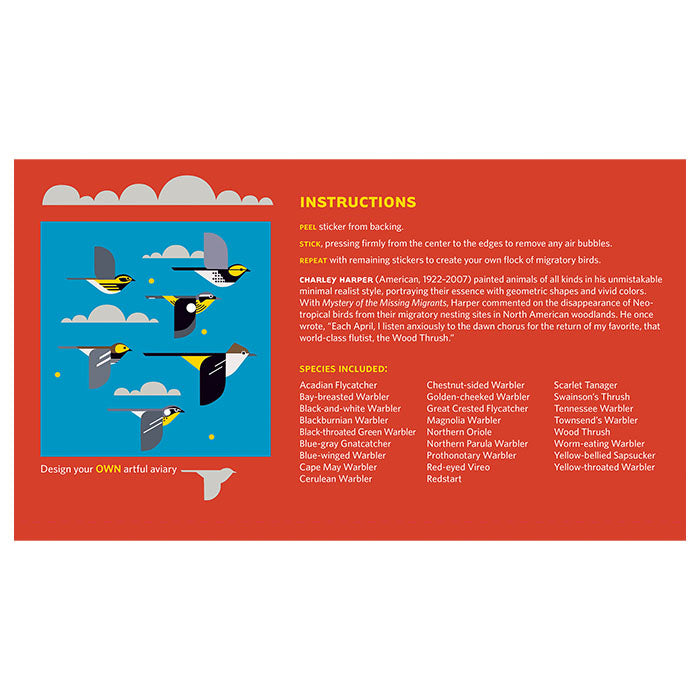 Charley Harper A Flock of Birds Wall Décor: Instruction card with bird stickers for customizable wall art, includes 26 bird stickers and additional cloud and star stickers.

