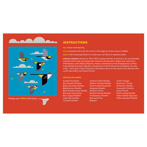 Charley Harper A Flock of Birds Wall Décor: Instruction card with bird stickers for customizable wall art, includes 26 bird stickers and additional cloud and star stickers.

