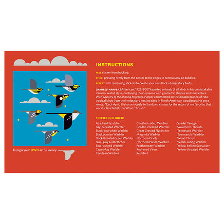 Charley Harper A Flock of Birds Wall Décor: Instruction card with bird stickers for customizable wall art, includes 26 bird stickers and additional cloud and star stickers.


