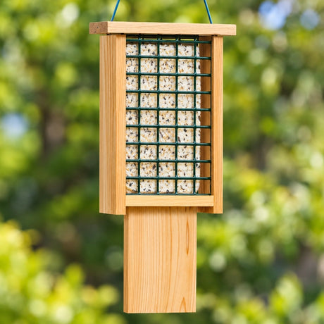 Tail-Prop Double Suet Feeder: A wooden bird feeder with wire mesh, designed for woodpeckers with a long tail prop area, holding two suet cakes.