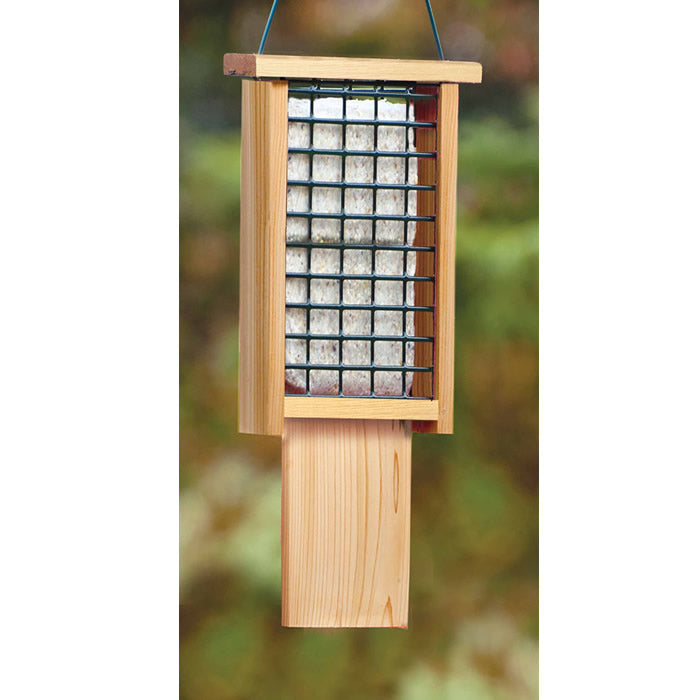 Tail-Prop Double Suet Feeder: A wooden bird feeder with wire mesh, designed for woodpeckers with a long tail prop area, holding two suet cakes.