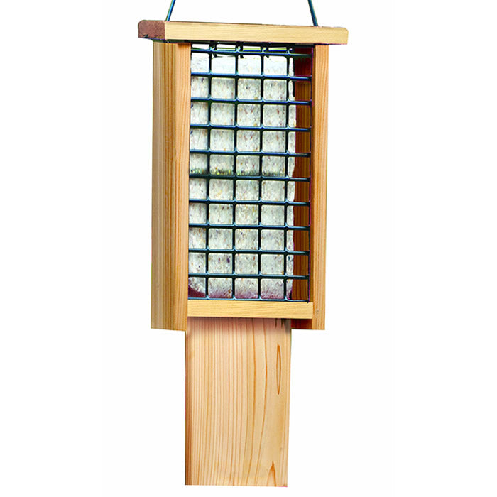 Tail-Prop Double Suet Feeder: Cedar wood bird feeder with wire mesh, designed for woodpeckers with a long tail prop area and holding two suet cakes.