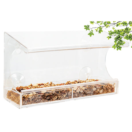 Window Bird Feeder with clear container, nuts and seeds, large overhang roof, removable seed tray with divider, curved perching rim, and suction cups for window attachment.