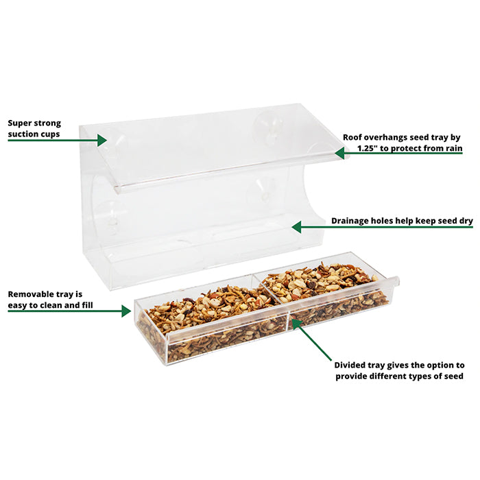 Window Bird Feeder with seeds; clear viewing areas, removable tray with divider, curved perching rim, four suction cups for window attachment.