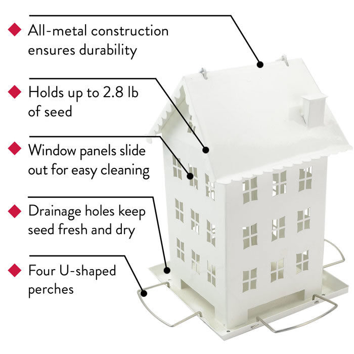 White Farmhouse Bird Feeder with four feeding ports, wide perches, and a removable roof for easy filling, designed to attract birds in smaller spaces.