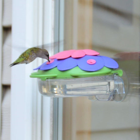 So Real Window Flower Hummingbird Feeder with purple fuchsia petals, featuring a built-in ant moat, clear dish, and three feeding stations for close-up bird viewing.