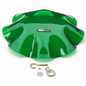 Green Swirl Weather Guard with a metal hook and ring, designed to shield bird feeders from rain and snow, featuring scalloped edges and brass fittings.