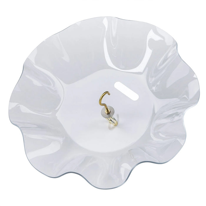 Clear Swirl Weather Guard: A glass bowl with a brass hook, designed to protect bird feeders from rain and snow with scalloped edges and sturdy construction.