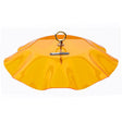 Orange Swirl Weather Guard with metal ring, designed to protect bird feeders from rain and snow, featuring scalloped edges and brass fittings for hanging.