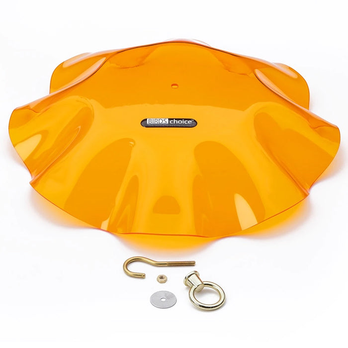 Orange Swirl Weather Guard with metal hook and ring for hanging, designed to shield bird feeders from rain and snow.