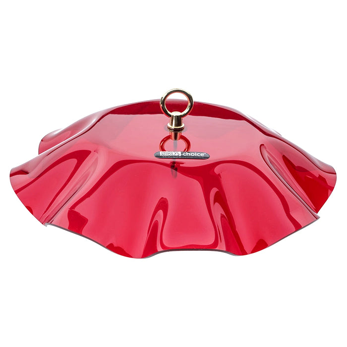 Red Swirl Weather Guard, a shiny red acrylic accessory with a metal ring, designed to protect bird feeders from rain and snow with a 13-inch diameter.