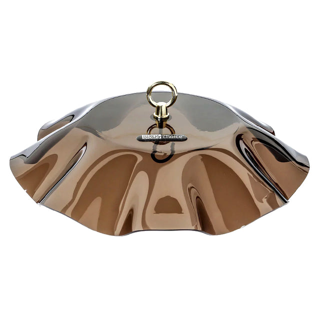 Smokey Swirl Weather Guard, a close-up of a sturdy acrylic accessory with scalloped edges and brass fittings, designed to protect bird feeders from rain and snow.