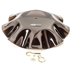 Smokey Swirl Weather Guard: a shiny black bowl with scalloped edges, gold ring, and brass fittings, designed to shield bird feeders from rain and snow.