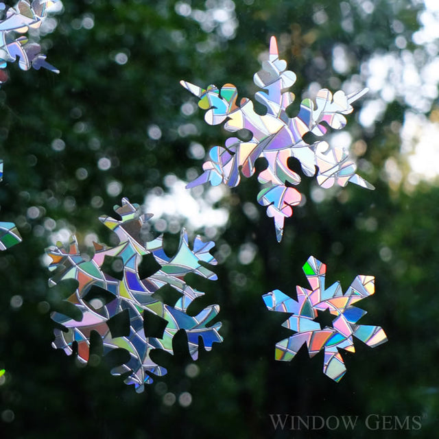 Snowflake Window Gems, Set of 9, prismatic decals on a window to prevent bird strikes, featuring intricate snowflake designs for visual appeal and bird safety.