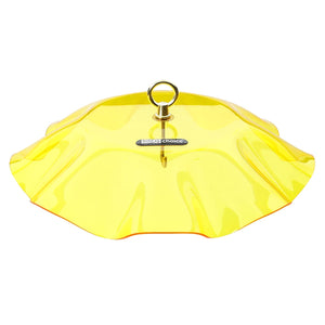 Yellow Swirl Weather Guard with metal ring and hook, designed to protect bird feeders from rain and snow, featuring scalloped edges and sturdy yellow acrylic construction.