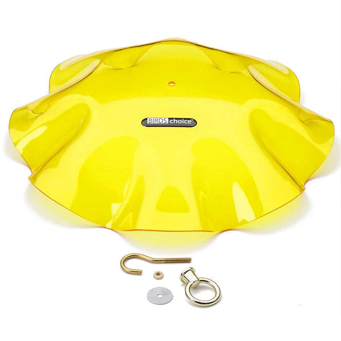 Yellow Swirl Weather Guard with metal hook, scalloped edges, and black logo, designed to protect bird feeders from rain and snow. Made from durable yellow acrylic.