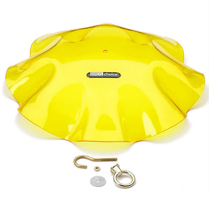 Yellow Swirl Weather Guard with metal hook, scalloped edges, and black logo, designed to protect bird feeders from rain and snow. Made from durable yellow acrylic.