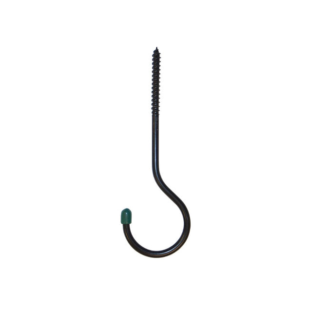 Black Twist in Ceiling Hook with a durable design, featuring a green tip for secure installation. Ideal for hanging heavy planters and feeders up to 30 lbs.