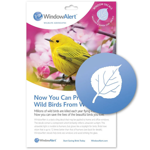 Yellow bird perched on a branch, highlighting the use of Aspen Leaf WindowAlert Decals to prevent bird collisions with windows. Set includes eight static-cling decals.